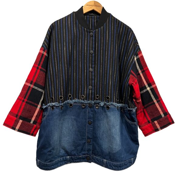 Women’s Oversized Mixed Plaid Denim Jacket, Pockets, OS - Picture 11 of 11